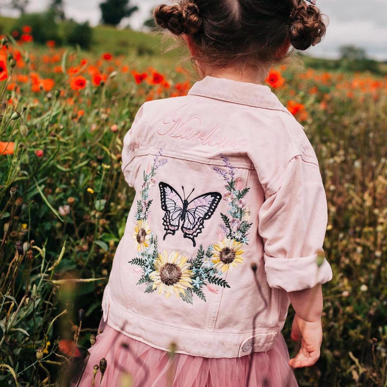 Personalized Kids Denim Jacket: Custom Butterfly & Sunflower