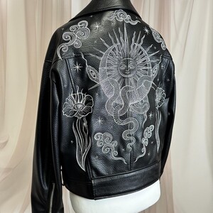 Celestial Embroidered Faux Leather Jacket – Silver Metallic Sun, Snake & Flower | Custom Cosmic Jacket image 4