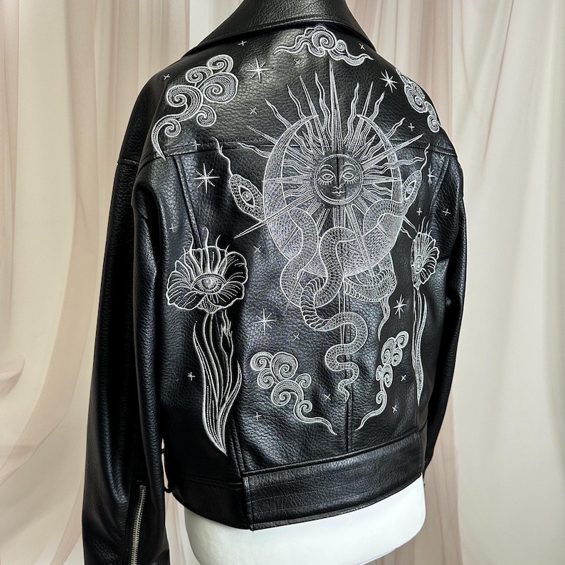 Celestial Embroidered Faux Leather Jacket – Silver Metallic Sun, Snake & Flower | Custom Cosmic Jacket image 4