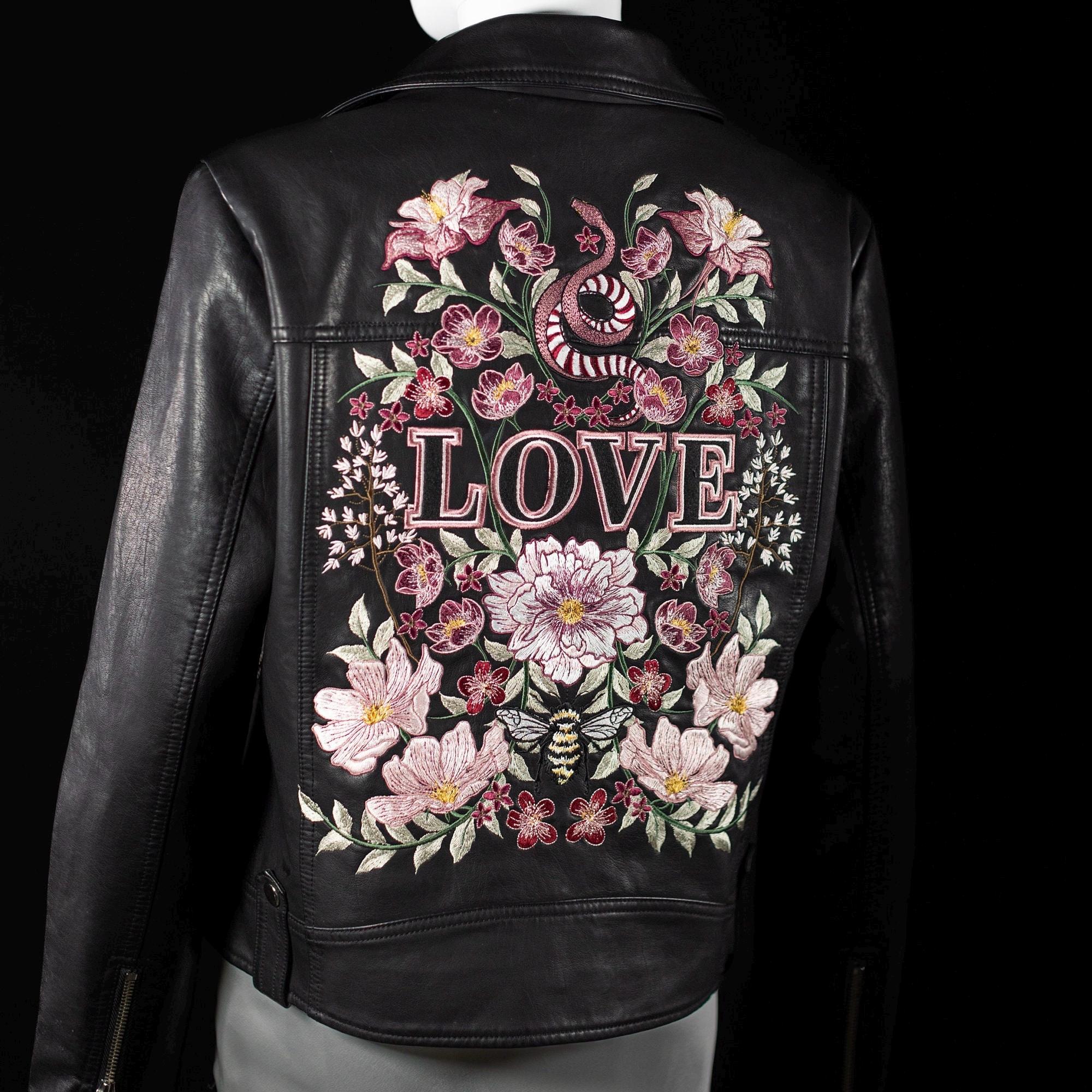 Custom Embroidered Faux Leather Jacket: Floral Snake Bee LOVE - Etsy