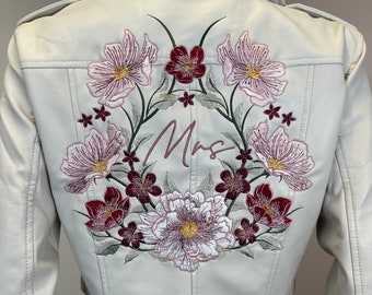 The Emilia Collection / Adult’s Embroidered Faux Leather Jacket / Beautiful Bold Florals / Personalised / Custom Bride Jacket Wedding