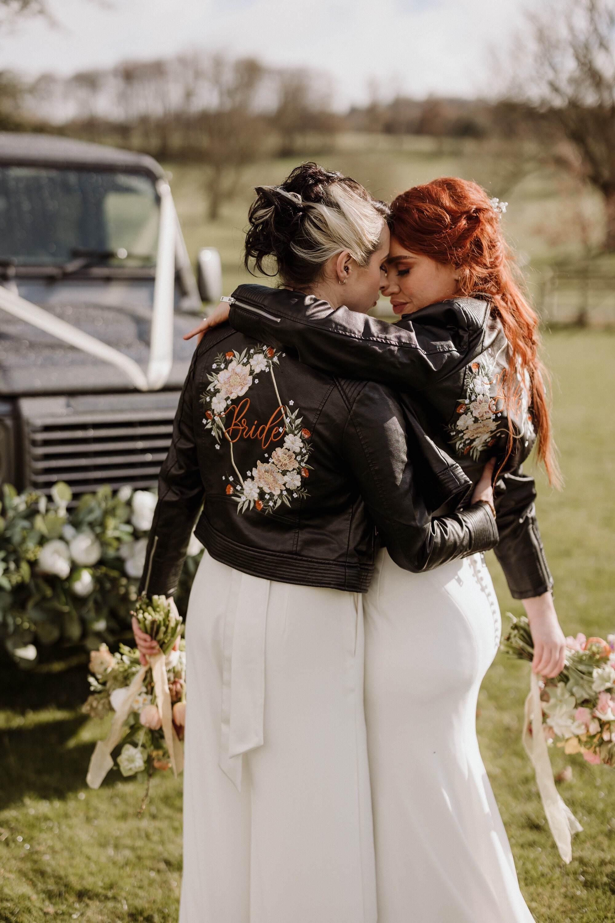 leather jacket with wedding dress Wedding Dress Paired with a Blush Leather Jacket
