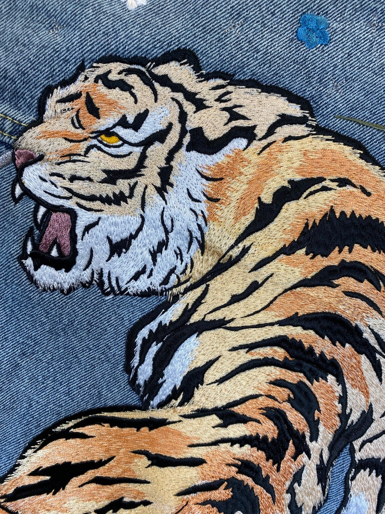 Embroidered Tiger Denim Jacket with Customisable Florals image 2
