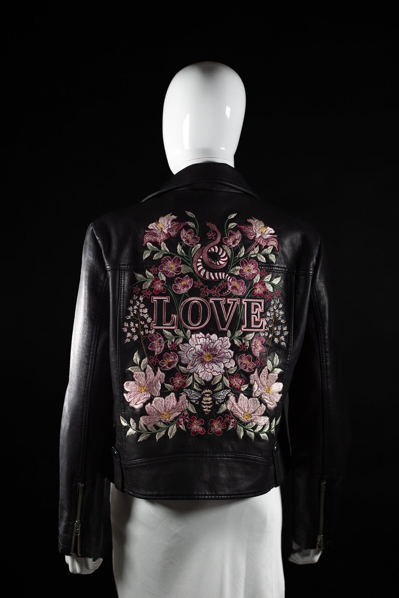Custom Embroidered Faux Leather Jacket: Floral Snake Bee LOVE - Etsy