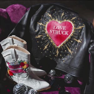 LOVESTRUCK Black Cropped Leather Jacket | Custom Bride Stars Lightening Bolt Heart |  Jacket Zodiac Embroidery Celestial Bride Jacket
