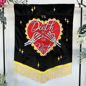 Black Velvet Embroidered Wedding Banner: Gothic Skeleton Decor