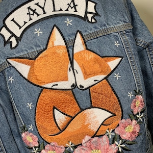 Custom Embroidered Denim Jacket: Fox and Flowers Design