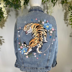 Embroidered Tiger Denim Jacket with Customisable Florals image 1