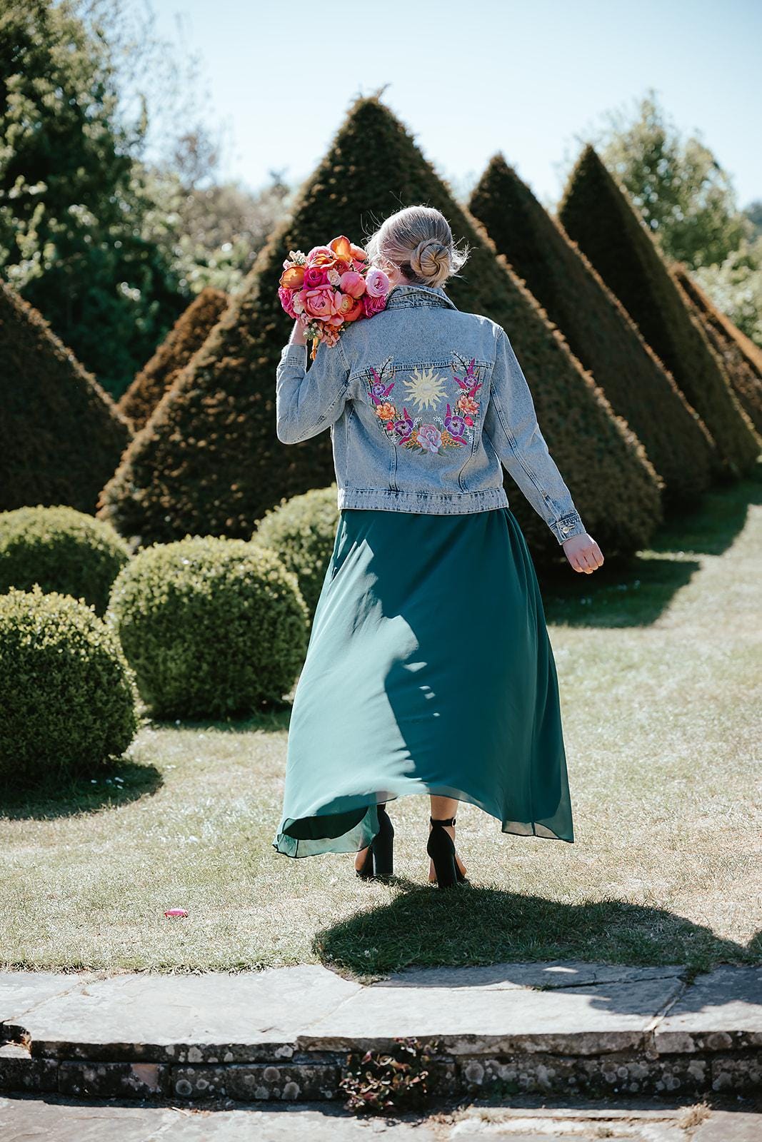 Personalised Floral Embroidered Denim Jacket | Custom Bride Jean Jacket | Name & Date | Celestial Floral Boho Bride