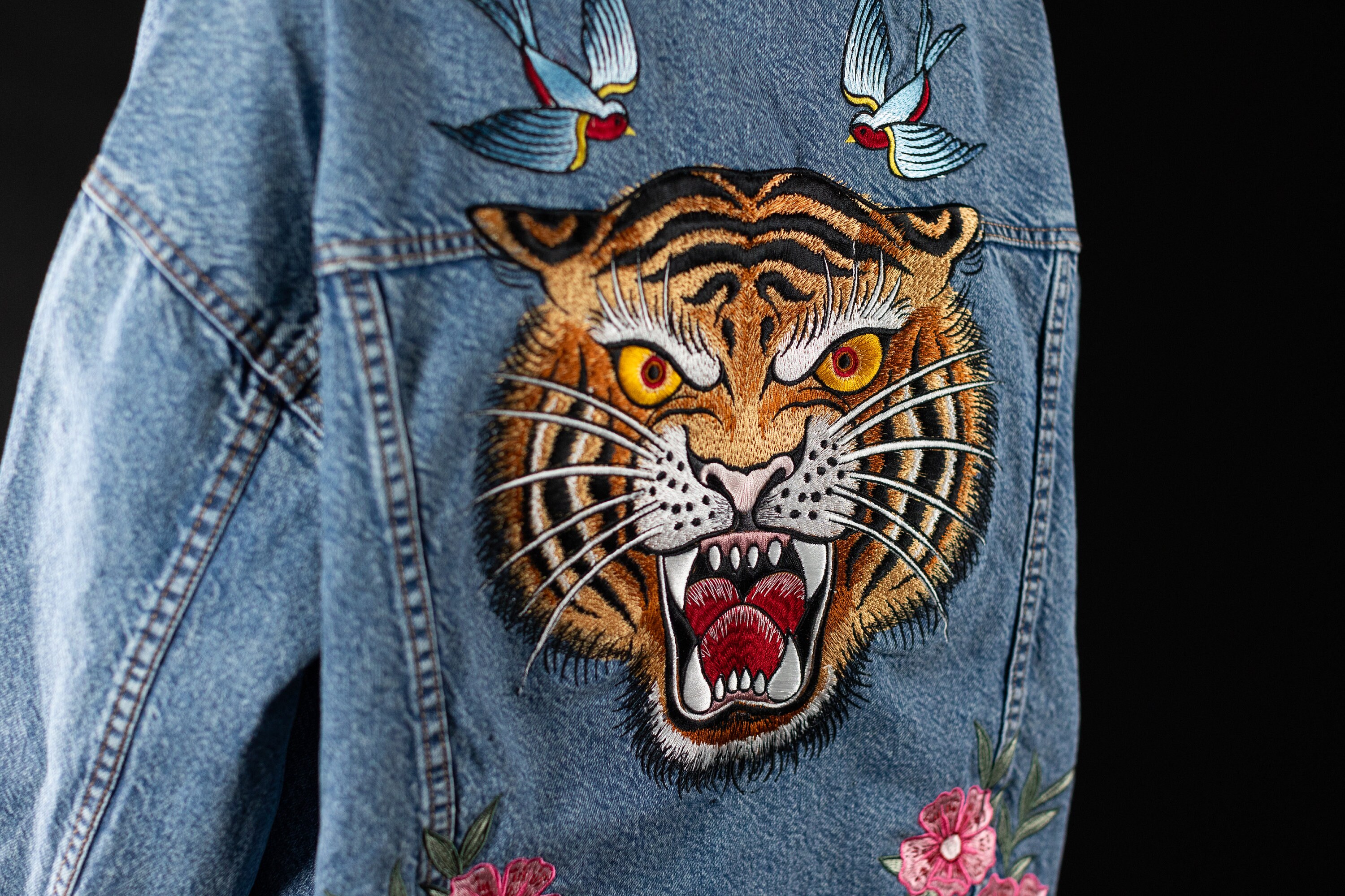 Embroidered Tiger Denim Jacket: Old School Tattoo Style - Etsy