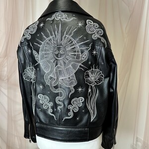 Celestial Embroidered Faux Leather Jacket – Silver Metallic Sun, Snake & Flower | Custom Cosmic Jacket image 6