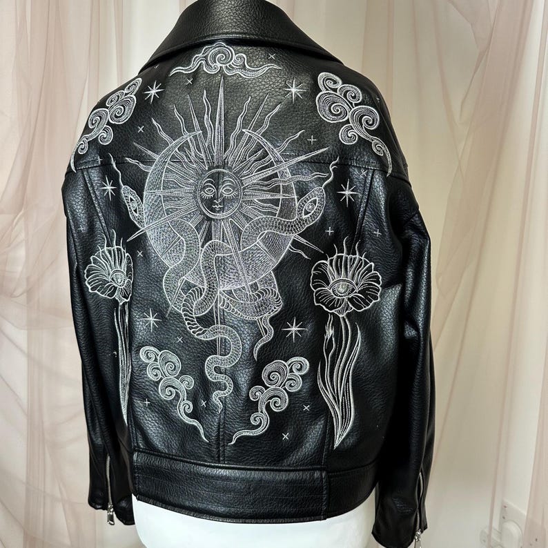 Celestial Embroidered Faux Leather Jacket – Silver Metallic Sun, Snake & Flower | Custom Cosmic Jacket image 6