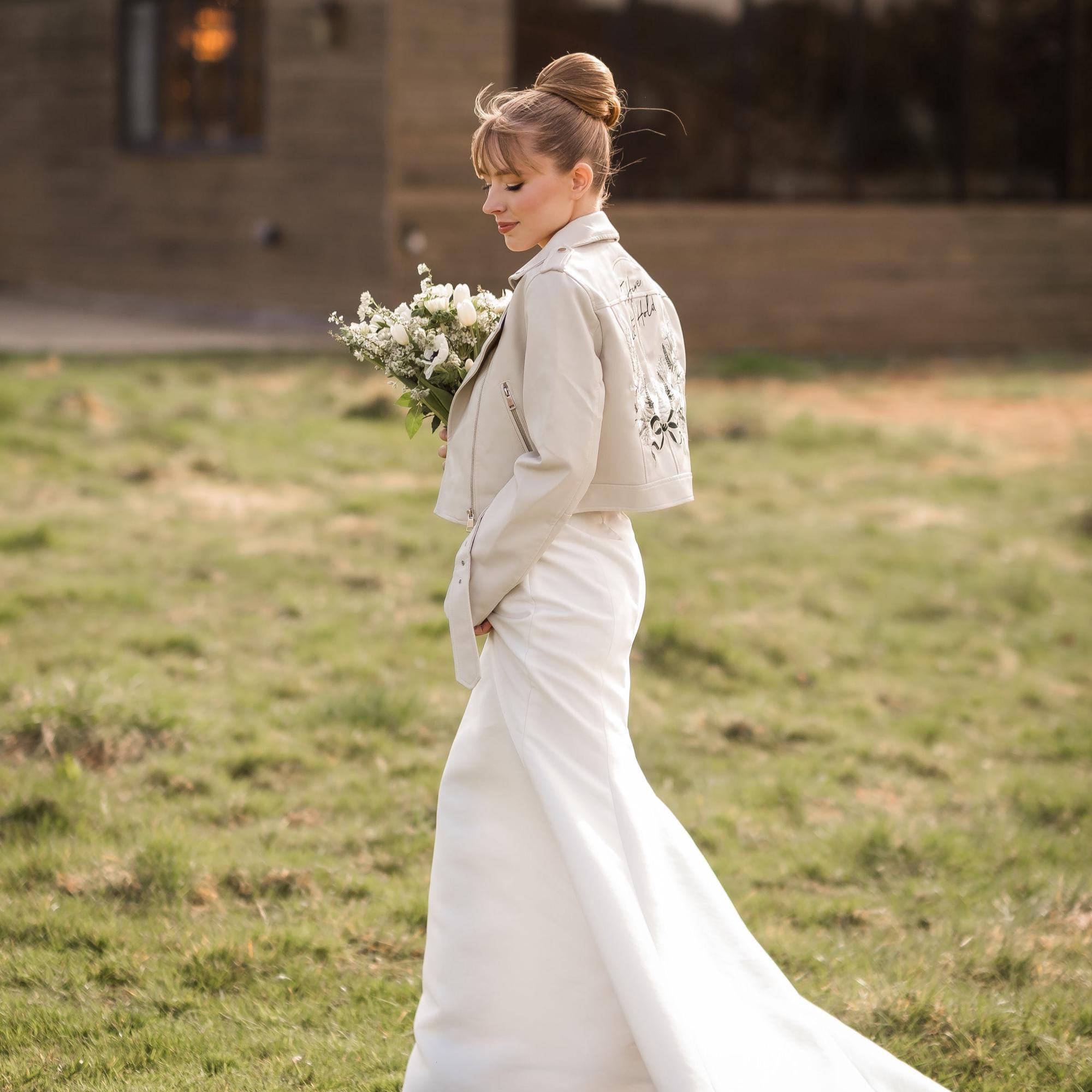Embroidered Ivory Bridal Leather Jacket: Custom Wedding Cover-Up