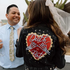 Til Death Do Us part - Gothic Bridal Denim Jacket: Embroidered Skeleton Wedding Cover-Up
