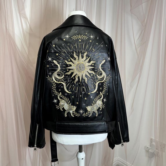 Celestial Embroidered Faux Leather Jacket – Gold Metallic Sun, Snake & Stars | Custom Cosmic Jacket