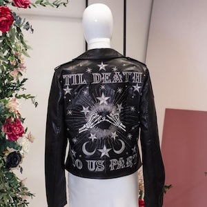 Till Death Leather Faux Jacket | Celestial Embroidered Jacket | Bride Leather Jacket Gothic Wedding Celestial Wedding Skeleton Pinky Promise