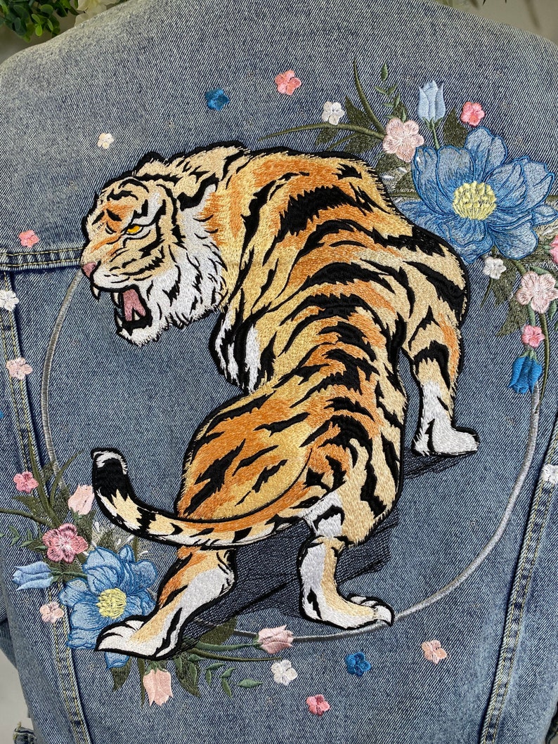 Embroidered Tiger Denim Jacket with Customisable Florals image 3