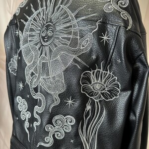 Celestial Embroidered Faux Leather Jacket – Silver Metallic Sun, Snake & Flower | Custom Cosmic Jacket image 3