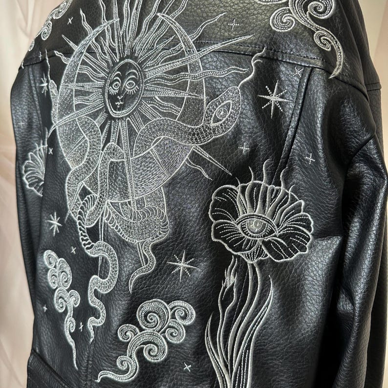 Celestial Embroidered Faux Leather Jacket – Silver Metallic Sun, Snake & Flower | Custom Cosmic Jacket image 3