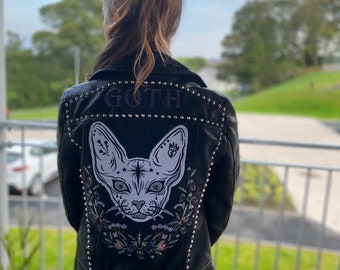 Gothic  - MYSTIC CAT - Studded Embroidered Faux Leather Jacket Denim Jacket - Personalised GOTH