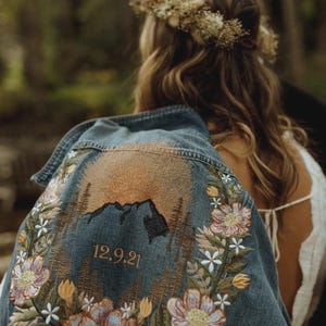 Personalised Floral Embroidered Denim Jacket | Custom Bride Jean Jacket | Name & Date | Celestial Floral Boho Bride