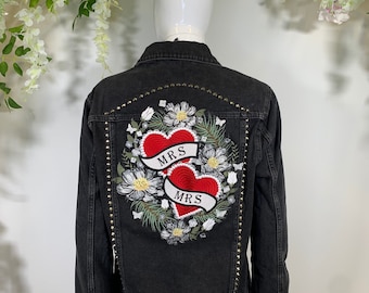 Customised Embroidery Design Double Heart - Large Size - Personalised Floral Bride Bridal Wedding Embroidered Personalised Jacket Studs
