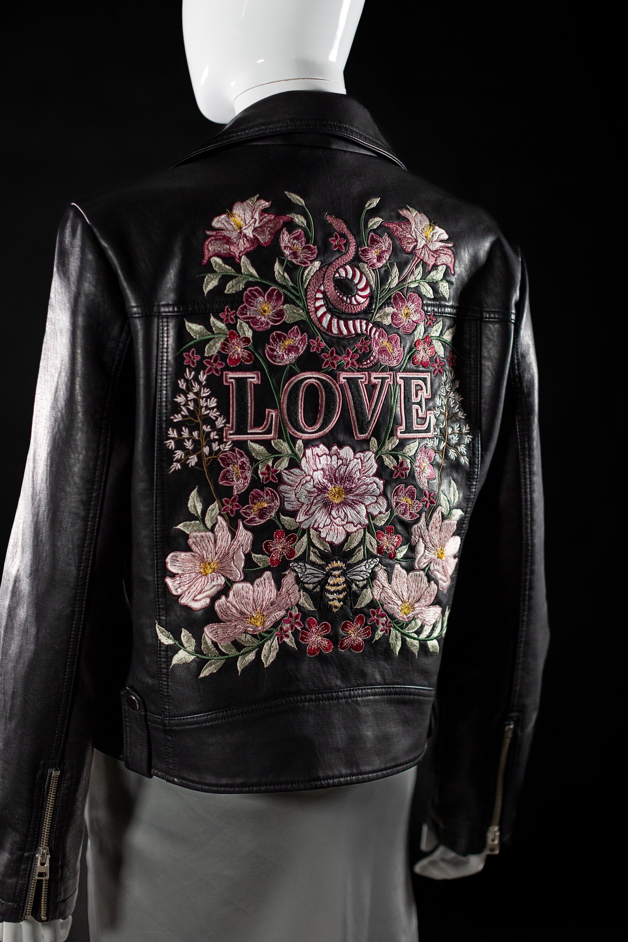 Custom Embroidered Faux Leather Jacket: Floral Snake Bee LOVE - Etsy