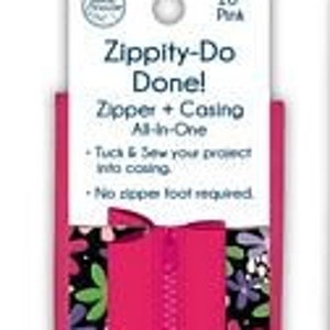 May include: Pink zipper with a 18 inch zipper tape and a floral patterned casing. The zipper is labeled "Zippity-Do Done!" and "Zipper + Casing All-in-One".