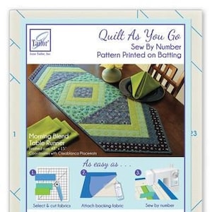 Op de afbeelding: Een naaipatroon voor een Morning Blend tafelloper, met een geometrisch ontwerp in groen- en blauwtinten. Het patroon is gedrukt op vulling en bevat instructies. De afgewerkte tafelloper meet 38 cm x 114 cm.