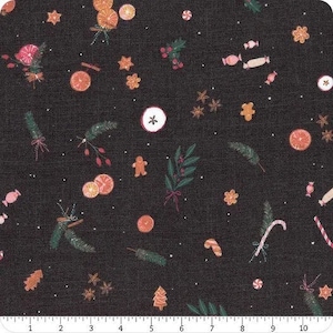 May include: A black fabric with a repeating pattern of various Christmas-themed illustrations, including stars, candy canes, gingerbread cookies, oranges, and sprigs of holly.