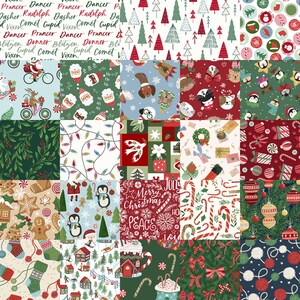 May include: A patchwork of Christmas-themed fabric squares featuring diverse patterns. Designs include reindeer names, Christmas trees, Santa Claus, dogs in hats, penguins, candy canes, baubles, and festive text that reads "Merry Christmas" and "Peace".