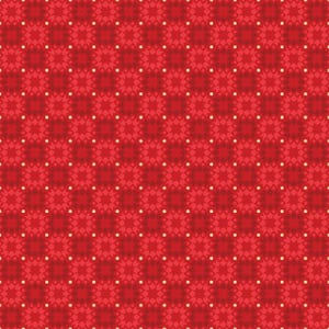 Op de afbeelding: Een herhalend patroon met een rode achtergrond, een donkerder rood bloemmotief en kleine, gelijkmatig verdeelde, gebroken witte stippen. Het ontwerp heeft een symmetrische, geometrische lay-out.