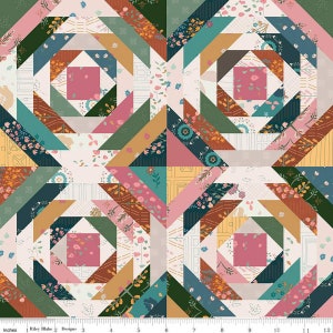 Puede incluir: Una tela de patchwork colorida con un patrón geométrico de triángulos y cuadrados. La tela presenta una variedad de estampados florales en tonos de rosa, azul, verde y amarillo. La tela es perfecta para acolchar, manualidades y otros proyectos de costura.