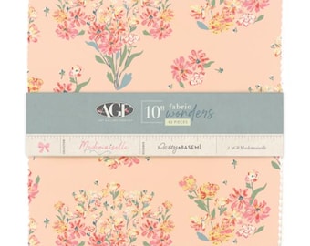 May include: A stack of 10-inch fabric squares with a floral pattern in pink, yellow, and green on a peach background. The fabric is labeled "10" fabric wonders" with the text "Mademoiselle" and "Patty Basemi".