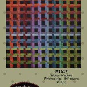 May include: A quilt pattern titled "Woven Windows" with a colorful woven design in shades of red, orange, green, purple, and blue. The finished size is 84 inches square. The pattern is by Bonnie Sullivan and made in the USA.