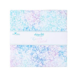 May include: A pack of 42 fat quarter fabric squares in a blue and purple floral print with a white background. The fabric is called "Candy Coated" and is from the "Charm Pack" collection by Riley Blake Designs.