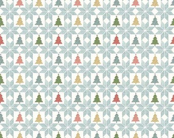 May include: A white fabric with a repeating pattern of blue, green, yellow, and red Christmas trees. The trees are arranged in a geometric pattern with a snowflake design.