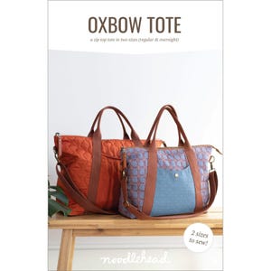 May include: Two tote bags with brown handles and straps. One is orange with a quilted pattern, the other is blue with a geometric design and a light blue pocket. The text "OXBOW TOTE" and "2 sizes to sew!" are visible.