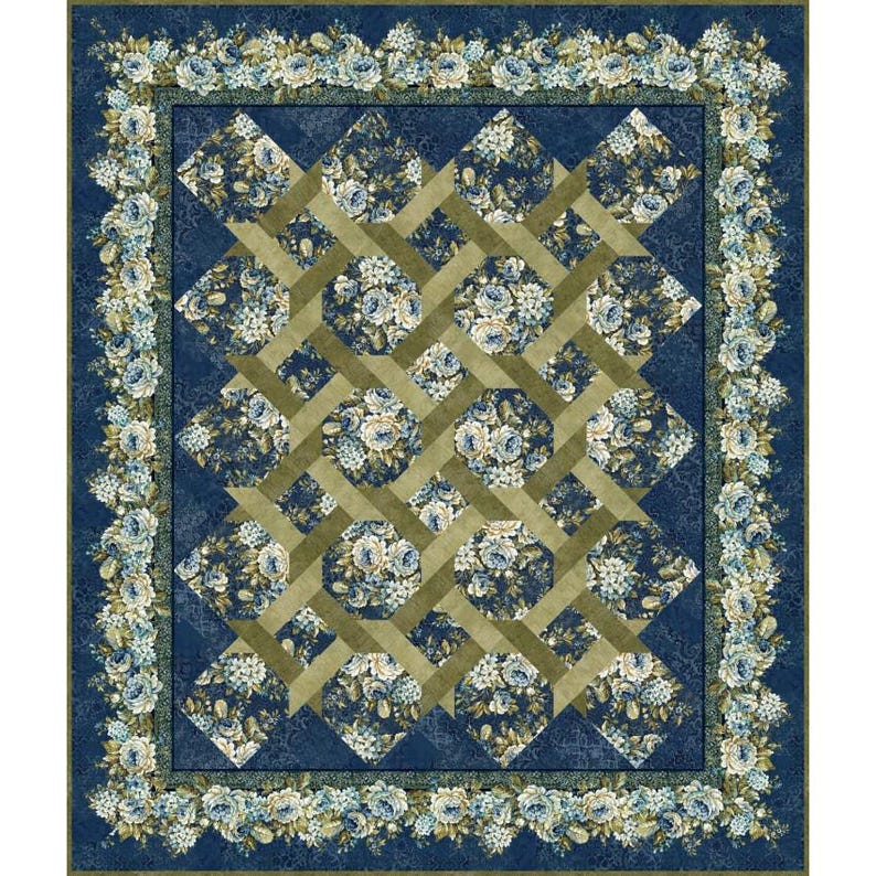 Puede incluir: Un edred&oacute;n floral con fondo azul marino y dise&ntilde;o enrejado. El edred&oacute;n presenta un patr&oacute;n repetido de rosas azules y blancas, con acentos verde oliva y azul marino. El borde est&aacute; adornado con un estampado floral.