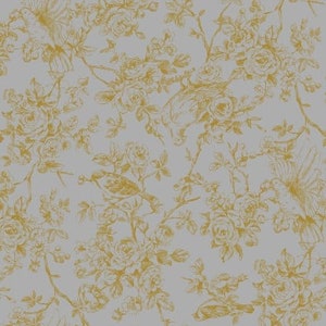 May include: A seamless pattern featuring a repeating design of gold birds and floral bouquets on a light gray background.