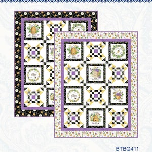 May include: Two quilt patterns titled "Patches Across" featuring bee-themed designs. The quilts have white, black, yellow, and purple squares with bee hives, flowers, and the words "Happy" and "Wild Honey". The patterns are from "Bound to be Quilting".