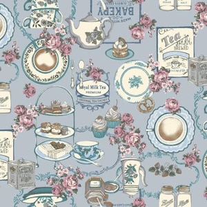 May include: A blue and white patterned background with a variety of tea-themed illustrations, including teacups, teapots, tea cakes, and floral designs. The text "Royal Milk Tea Premium Original Tea Cachet" is featured in a banner.