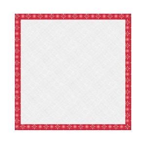 May include: Square white fabric with a red border. The border is decorated with small, repeating floral patterns. The fabric has a subtle, textured appearance. The overall design is simple and clean.