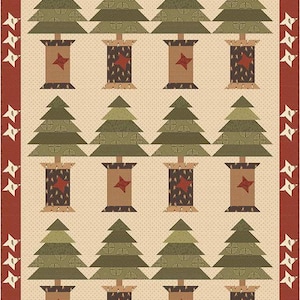 May include: A patchwork quilt featuring a repeating pattern of stylized Christmas trees atop spool-shaped bases. The trees are various shades of green, and the spools are brown with red star accents. The border is a deep red with white star accents.