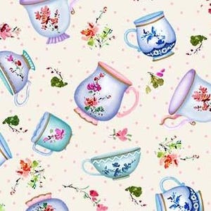 May include: A seamless pattern featuring various styles of teacups and floral designs on a light pink background with white polka dots.