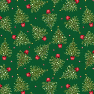 May include: A seamless pattern featuring green Christmas trees with red ornaments and white lights on a dark green background.