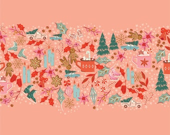 May include: A pink background with a repeating pattern of Christmas-themed illustrations. The pattern includes gingerbread people, presents, candy canes, ice skates, hot chocolate, and Christmas trees.