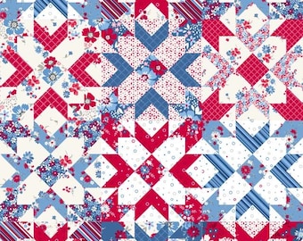 Diseño azul con encanto para el porche delantero de Satin Moon Designs para acolchado en blanco.
