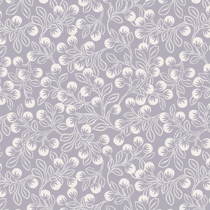 May include: A seamless pattern featuring white stylized floral sprigs with berries on a light purple background.