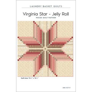May include: A quilt pattern titled "Virginia Star - Jelly Roll" by Laundry Basket Quilts. The design features a star pattern in shades of red, pink, and beige. The quilt size is 74.5 inches by 74.5 inches. The pattern is a pieced quilt pattern.